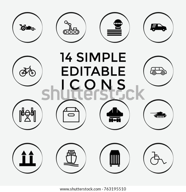 Set of 14 transportation filled\
and outline icons such as airport tower, cargo arrow up, cargo\
container, delivery car, car, tank, box, wheel chair,\
bicycle