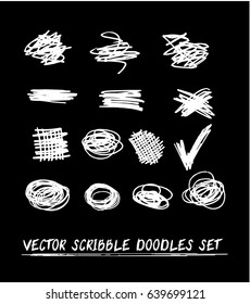 Set of 14 trendy smeared vector scribble doodles. Hand painted white on black ink brush backdrops. Dirty grey scale grunge artistic design elements, buttons or text backgrounds, crossing out icons.