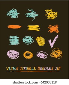 Set of 14 trendy smeared vector scribble doodles. Hand painted ink brush backdrops. Dirty yellow, orange, blue and pink grunge artistic design elements, buttons or text backgrounds, crossing out icons