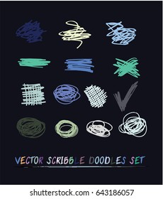 Set of 14 trendy smeared vector scribble doodles. Hand painted ink brush backdrops. Dirty green, turquoise, blue, yellow, grey grunge design elements, buttons or text backgrounds, crossing out icons