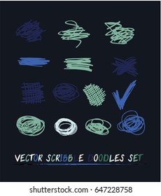 Set of 14 trendy smeared vector scribble doodles. Hand painted ink brush backdrops. Dirty green, turquoise, blue, white, green grunge design elements, buttons or text backgrounds, crossing out icons