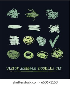 Set of 14 trendy smeared vector scribble doodles. Hand painted ink brush backdrops. Dirty green, white, blue, grey artistic design elements, buttons or text backgrounds, crossing out icons
