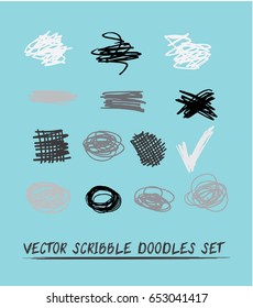 Set of 14 trendy smeared vector scribble doodles. Hand painted ink brush backdrops. Dirty grey scale grunge artistic design elements, buttons, text or logo backgrounds, crossing out icons
