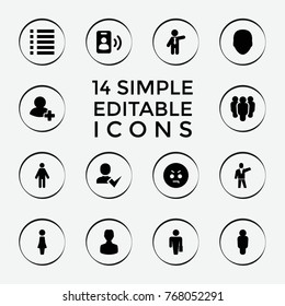 Set of 14 user filled icons such as face, woman, businessman, man with case, angry emot, man, user, group, add friend, menu, call