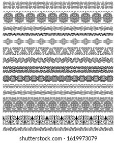 Set of 14 vector calligraphic ornate naive, ethnic, classic antique style ornaments. Line borders, frames, dividers, motifs. Isolated abstract vintage elements - spirals, zigzags - for custom design.