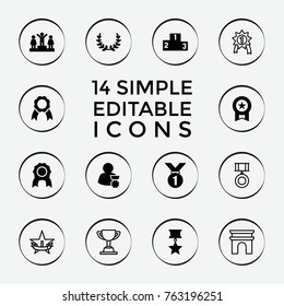 Set of 14 victory filled and outline icons such as ranking, medal, ribbon, olive wreath, man with medal, arc de triomphe, 1st place star