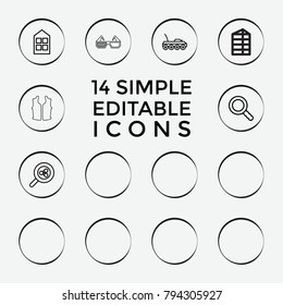 Set of 14 view outline icons such as window, sleeveless shirt, axe, direction, search share, search, military car, binoculars, shutter blinds, mirror, cutting board, blouse