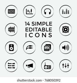 Set of 14 volume filled icons such as panel control, radio, equalizer, speaker, slider, loud speaker with equalizer, earphone wire, volume, headset