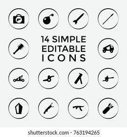 Set of 14 weapon filled icons such as briefcase with weapon, sword, bomb, rocket bomb, catapult, mace, spear, cannon, truck rocket