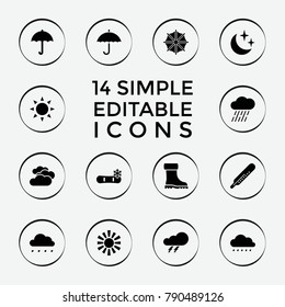 Set of 14 weather filled icons such as sun, cloudy weather, thunder, thermometer, umbrella, rain, moon and stars, boot