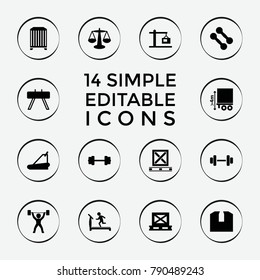 Set of 14 weight filled icons such as treadmill, scales, barbell, dumbbell, fintess equipment, cargo on palette, cargo height, construction  crane, power lifter