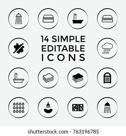 Set of 14 wet filled and outline icons such as shower, sponge, no wash, rain