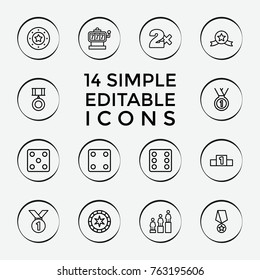 Set of 14 win outline icons such as slot machine, casino chip, dice, casino bet, ranking, casino chip, medal