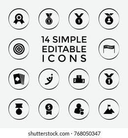 Set of 14 winner filled icons such as playing card, dollar award, target, medal, ranking, man with medal, flag on mountain, number 1 medal, winner