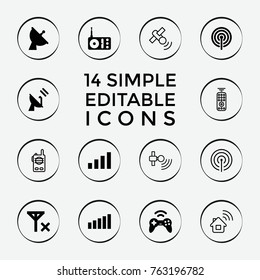 Set of 14 wireless filled and outline icons such as satellite, radio, signal, joystick, no signal, home connection, remote control
