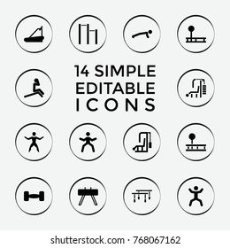 Set of 14 workout filled icons such as fintess equipment, man doing exercises, gym equipment, treadmill, squat, barbell