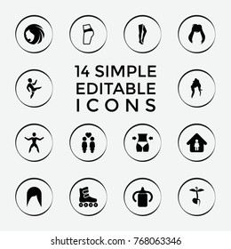 Set of 14 young filled icons such as baby bottle, woman hairstyle, tights, man in home, booty fitness, sprout, women couple, slim, roller skate