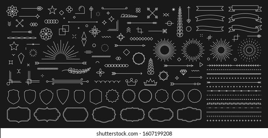 Set of 140 Vintage line elements. Retro design elements. Ornaments and Frames. Drawing geometrics line. Decoration, banners, posters, emblems, labels. Vector illustration.