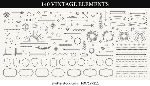 Set of 140 Vintage line elements. Retro design elements. Ornaments and Frames. Drawing geometrics line. Decoration, banners, posters, emblems, labels. Vector illustration. - Shutterstock ID 1607199211
