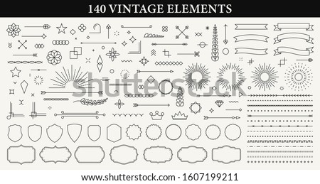 Set of 140 Vintage line elements. Retro design elements. Ornaments and Frames. Drawing geometrics line. Decoration, banners, posters, emblems, labels. Vector illustration.