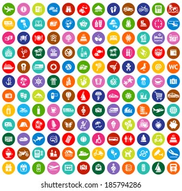 Set of 144 Tourism symbols & white icons. Travel colored buttons, vector illustration