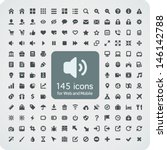 Set of 145 quality icons for Web and Mobile. Fitted to the pixel grid 16x16. Media, computers, shopping, travel, business, navigation, service