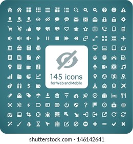 Set of 145 quality icons for Web and Mobile. Fitted to the pixel grid 16x16. Profile icons, media, computers, shopping, travel, business, navigation. Light version with shadow.