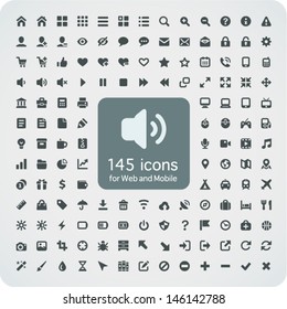 Set of 145 quality icons for Web and Mobile. Fitted to the pixel grid 16x16. Media, computers, shopping, travel, business, navigation, service