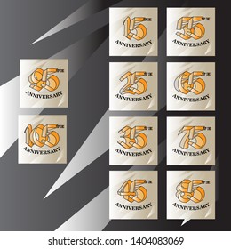 set 15, 25, 35, 45, 55, 65, 75, 85, 95, 105 th anniversary sign or emblem. Template for celebration and congratulation design. Vector illustration.