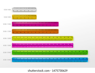 Set of 15, 30, 40cm and 50cm measure tape ruler school metric measurement. Colored metric ruler. Vector illustration. Isolated on white background.