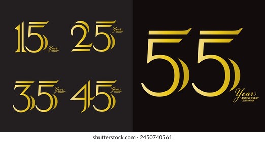 Set of 15 to 55 years Anniversary logotype design, 15, 25, 35, 45, 55 number design, anniversary template, anniversary vector design elements for invitation card, poster, flyer, Gold color vector