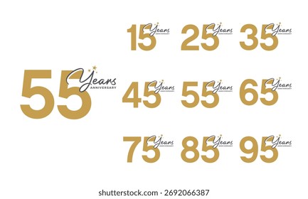 Conjunto de un diseño de logotipo de 15 a 95 aniversario para el momento de celebración, boda, tarjeta de felicitación e invitación, Ilustración vectorial