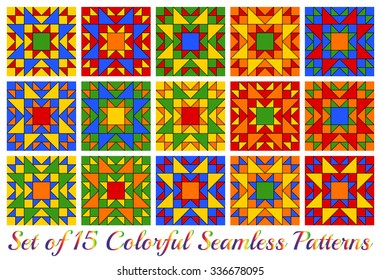 Set of 15 abstract contemporary rainbow geometric seamless patterns with triangles and squares of red, blue, green, orange and yellow shades