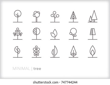 Set of 15 abstract minimal tree icons in circle, triangle and budding shapes showing garden, neighborhood and ornamental landscaping