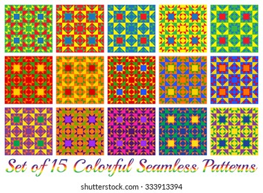 Set of 15 abstract multicolored modern geometric seamless patterns with triangle and square shapes