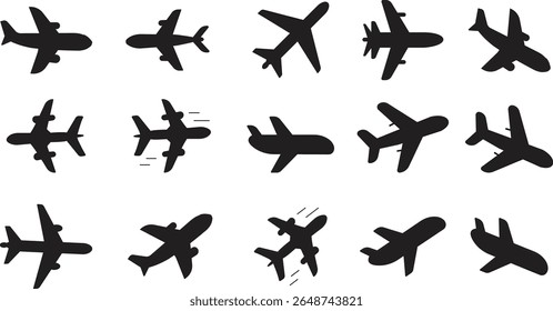 Set of 15 airplane vector icons black and white showing passenger jets in flight and various angles for travel and aviation design with transparent background