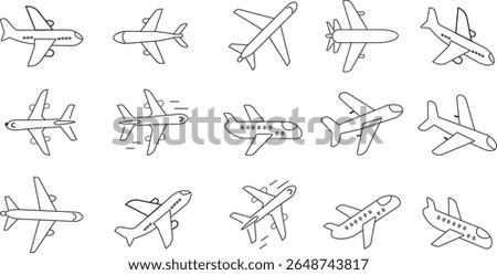 Set of 15 airplane vector icons black and white showing passenger jets in flight and various angles for travel and aviation design with transparent background