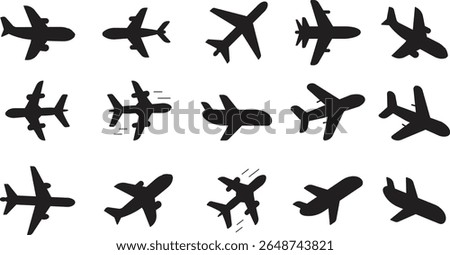 Set of 15 airplane vector icons black and white showing passenger jets in flight and various angles for travel and aviation design with transparent background