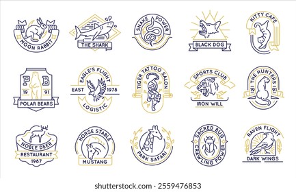 Set of 15 Animals labels and logos. Vintage animals icons with Eagle, Tiger, Shark, Bug isolated on white background. Vector illustration 