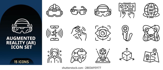 Set of 15 augmented reality icons featuring AR glasses, headsets, interactive interfaces, and spatial computing elements in a clean line art style.