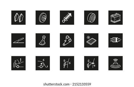 Set of 15 auto parts related repair icons. Car parts set like brake, belt battery, gear, repair, suspension. Silhouette and linear original logo. Simple outline style sign icon.
