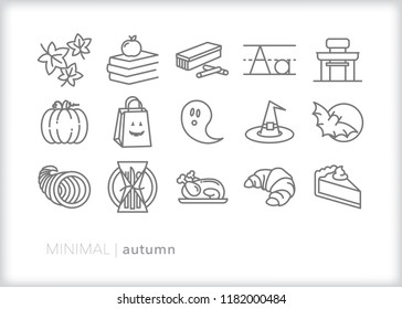 Set of 15 autumn line icons depicting items from fall activities and holidays including back to school, leaves, pumpkins, Halloween and Thanksgiving