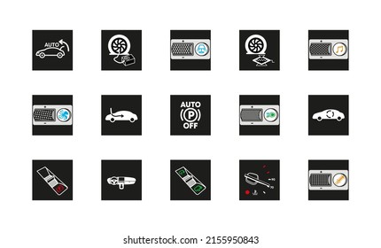 Set Of 15 Big Icons Related To Car Like Button, Indicator, Tire Inflation And So On. Modern Smart Vehicle Icons. Car Warning Signs. Linear Original Logo. Simple Outline Style Sign Icon.