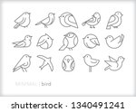 Set of 15 bird line icons of abstract geometric animals such as pets, in a zoo, in the wild or for bird watching