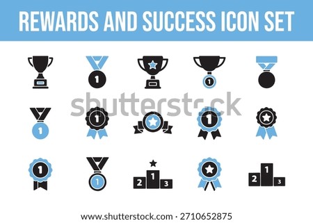 A set of 15 black and blue icons on a white background, with the title "REWARDS AND SUCCESS ICON SET" in blue text.