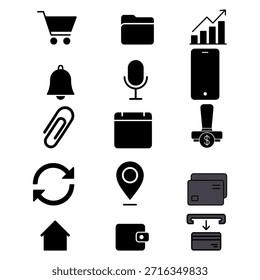 Conjunto de 15 iconos negros para interfaces de App
Quince íconos negros dispuestos en una cuadrícula, que representan Elementos de interfaz como Carritos, gráficos, billeteras y teléfonos. Diseñado para aplicaciones digitales y móviles.