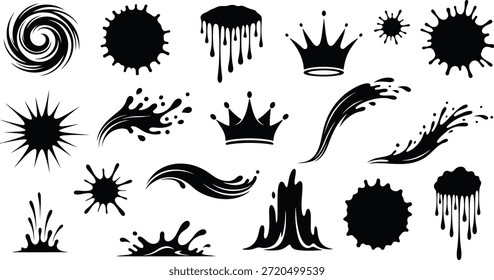 A set of 15 black paint splatters and crowns in various shapes and sizes on a plain white background