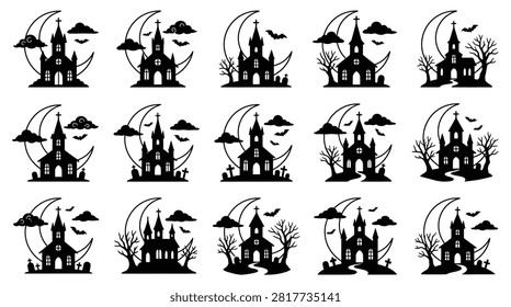 Set of 15 black silhouette icons featuring spooky gothic churches and haunted cathedrals with crescent moons, bats, clouds, and graveyards on a white background for Halloween.