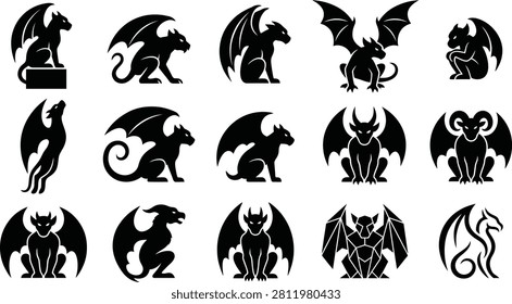 A set of 15 black silhouettes of dragons and gargoyle-like creatures on a white background, perfect for Halloween-themed designs and spooky decorations.