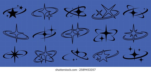 Set of 15 black star and orbit icons on a blue background. Star and orbit designs vary in style. Perfect for space-themed projects and graphics. Creative elements, vector set.